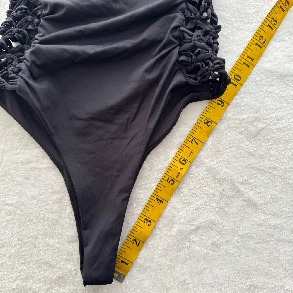 Frankie's Bikinis Camilla One Piece Knotted Macrame Bathing Suit in Black Small